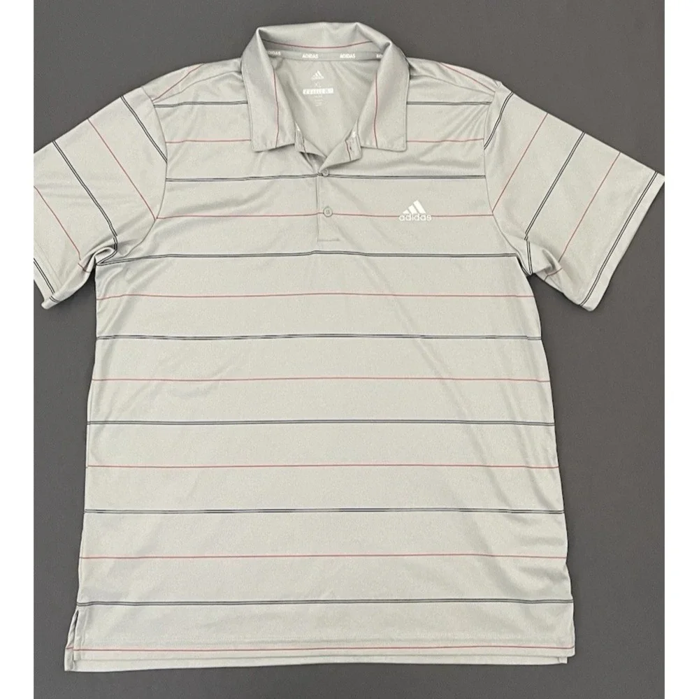 ADIDAS Golf Polo Shirt Men's Size XL Silver Grey Striped Activewear Short Sleeve